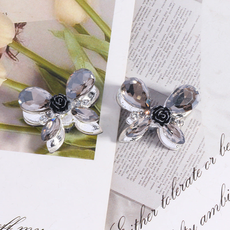 Wholesale 5pcs/pack Heavy alloy rose butterfly rhinestone beads straight hole beads DIY